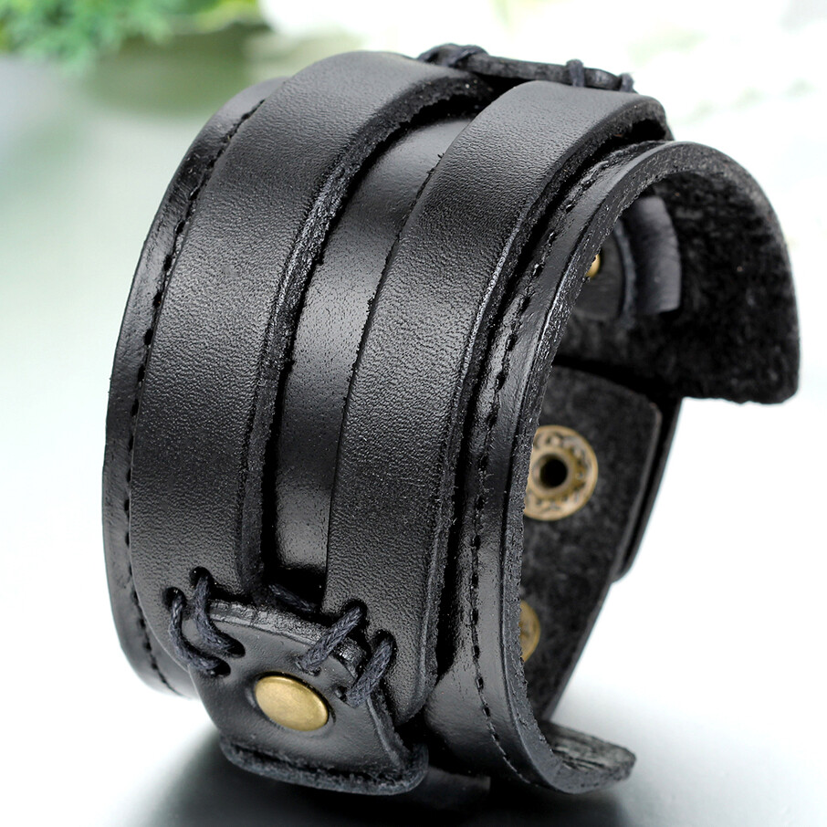 Wide Genuine Leather Bangle Cuff Bracelet Mens Womens Wristand Black / Brown