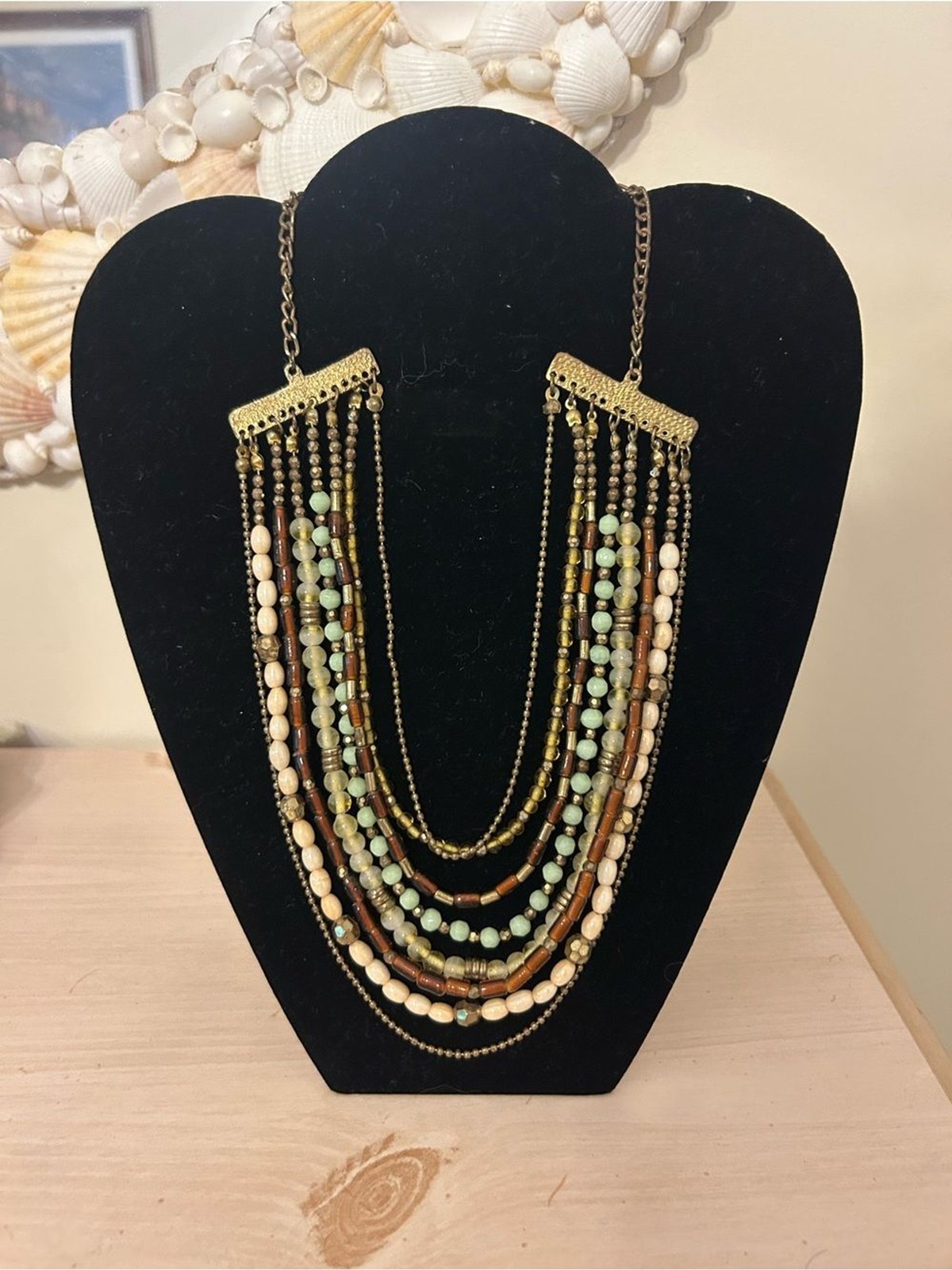 Boho Multi Strand Beaded Statement Necklace Bronze Tone Wood & Mint Green Beads