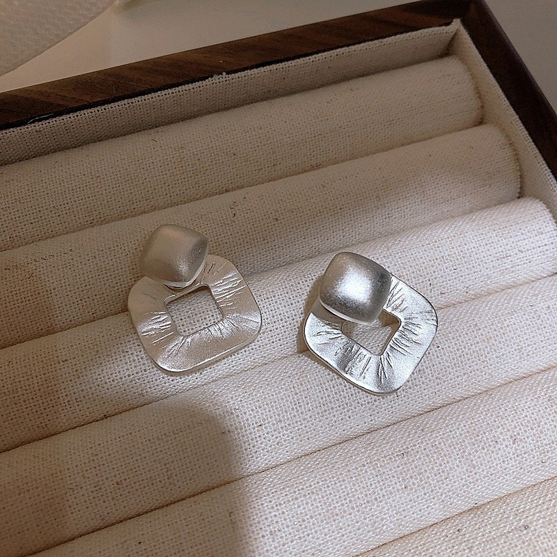Fashion Detachable Square Matte Frosted Texture Silver Plated Stud Earrings