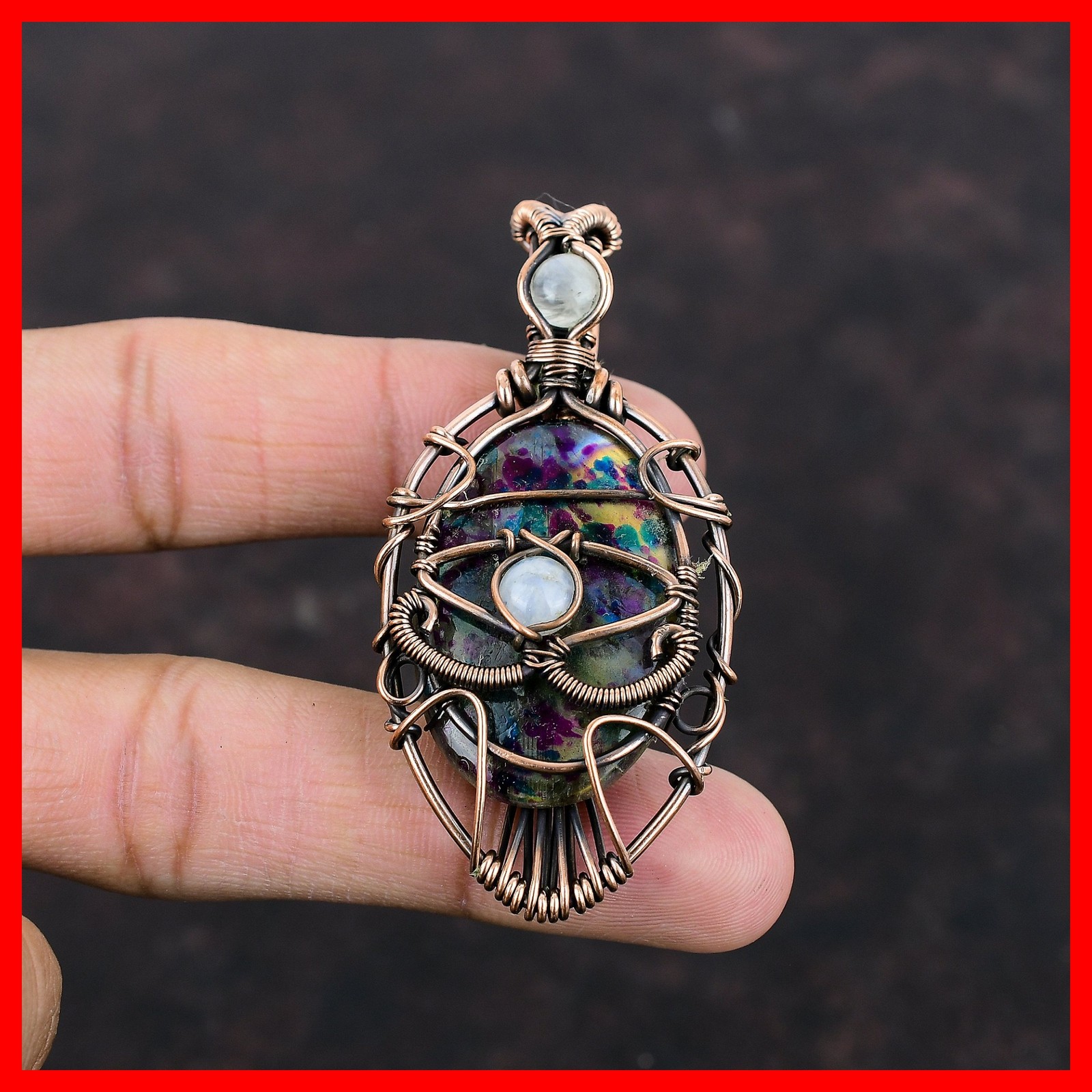 Multi Fire Labradorite Stone Rainbow Moonstone Copper Engagement Pendant Jewelry