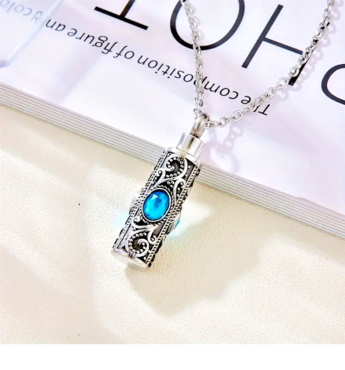 BLUE CZ URN CREMATION ASHES Pendant on 22″ 925 Plated Sterling Silver Necklace