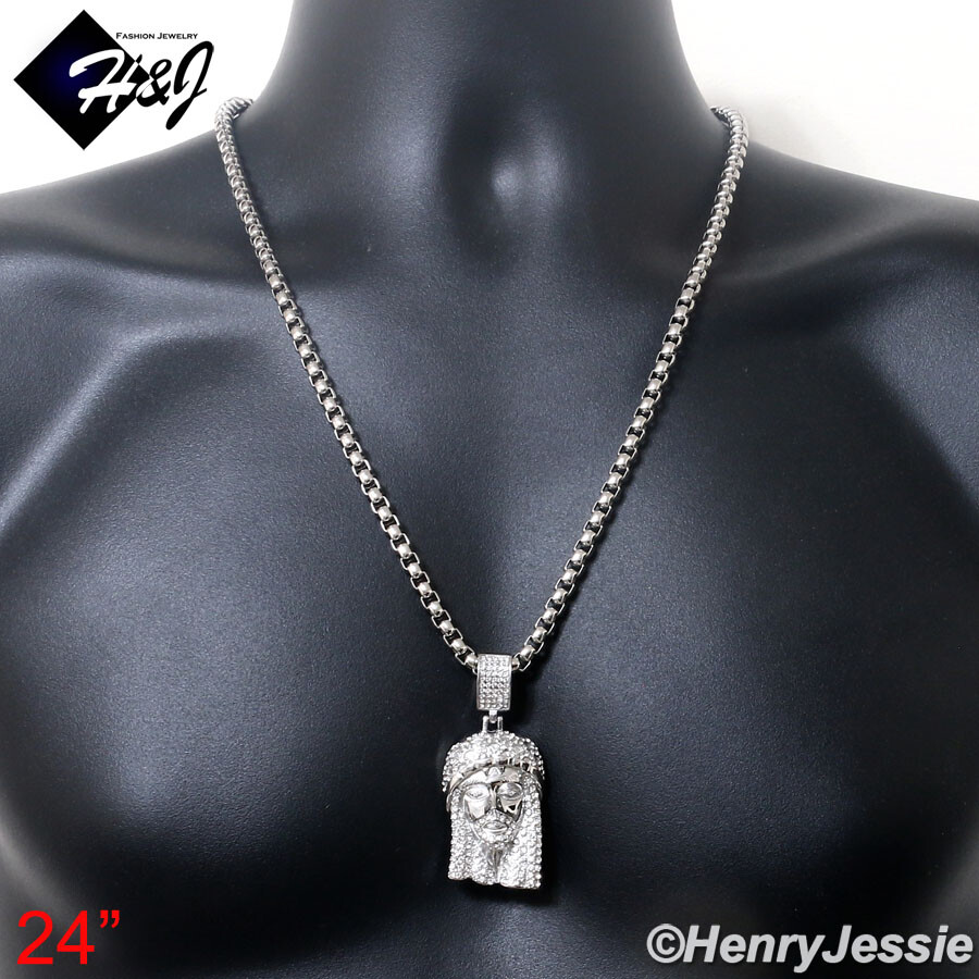 18″-40″MEN Stainless Steel 5mm Silver Box Link Necklace ICY CZ Jesus Pendant*150