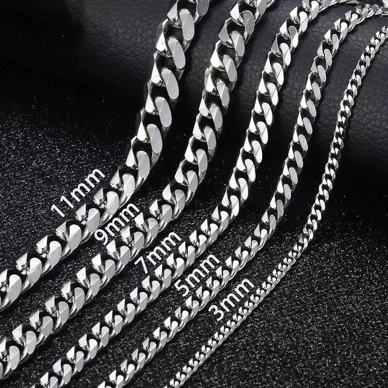 18-28 Cuban Chain Necklace Stainless Steel Silver 6.6/7/8.2/9/11 inch Mens Women