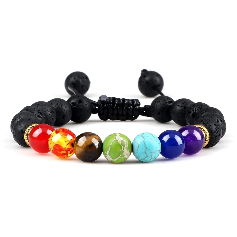 Handmade Adjustable Braided Bracelet Black Lava Stone Crown Tiger Eye Beads