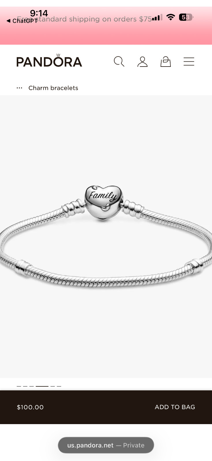 Pandora Moments Family Tree Heart Clasp Snake Chain Bracelet