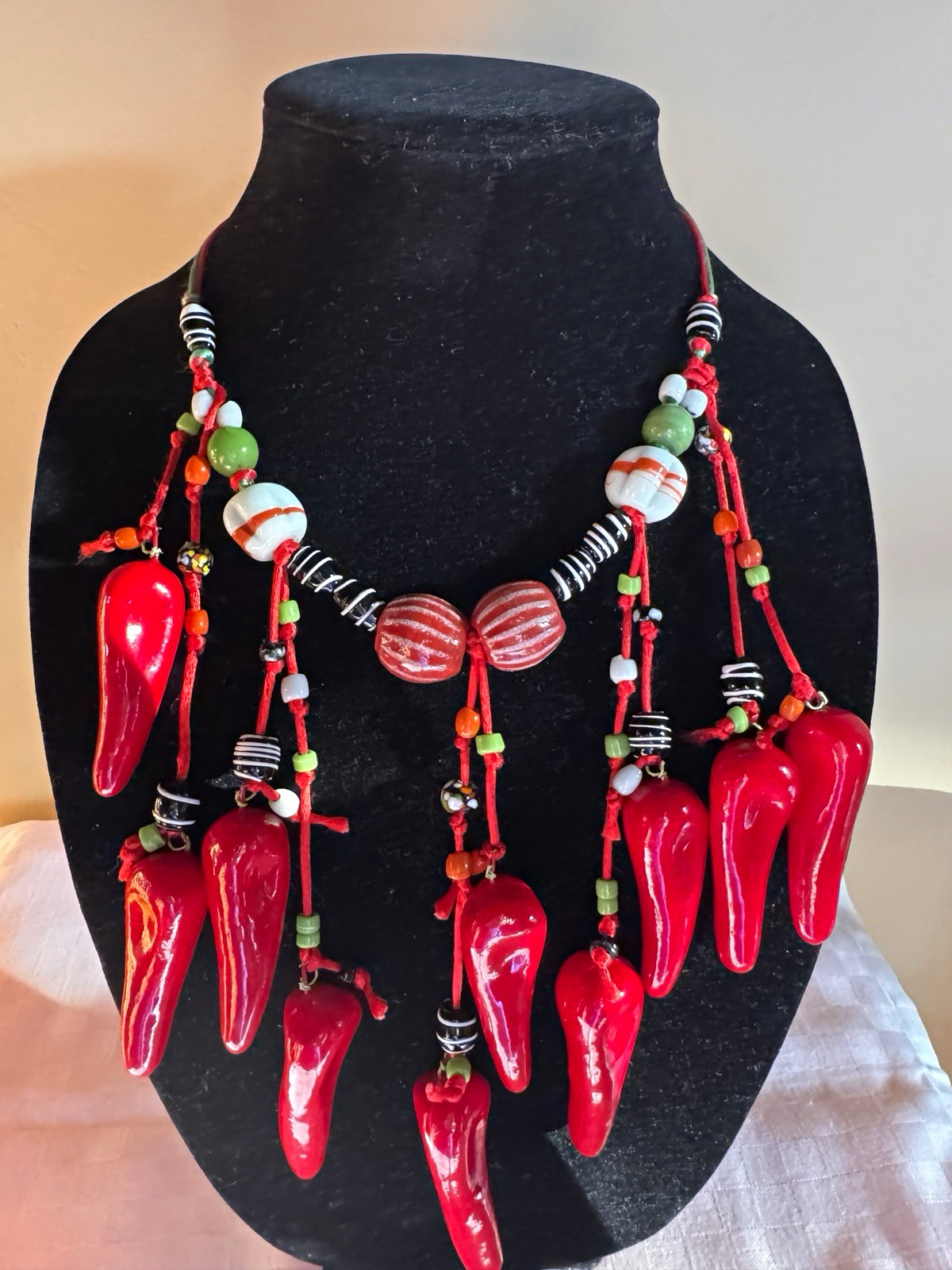 Vintage Red Hot Chili Pepper Glass Bead Fringe Southwest Funky Bright Necklace