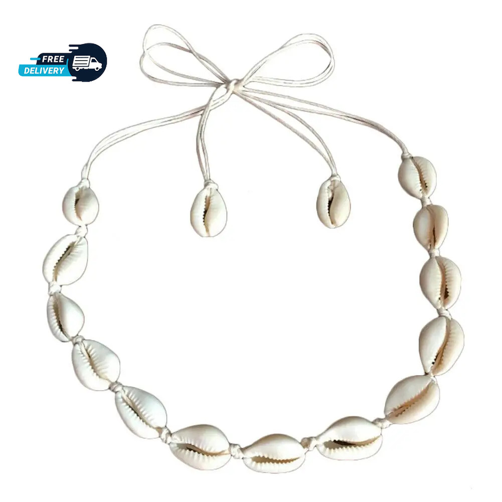 Cowrie Shell Choker Boho White String Necklace Surfer Beach Conch Puka, Hawaiian