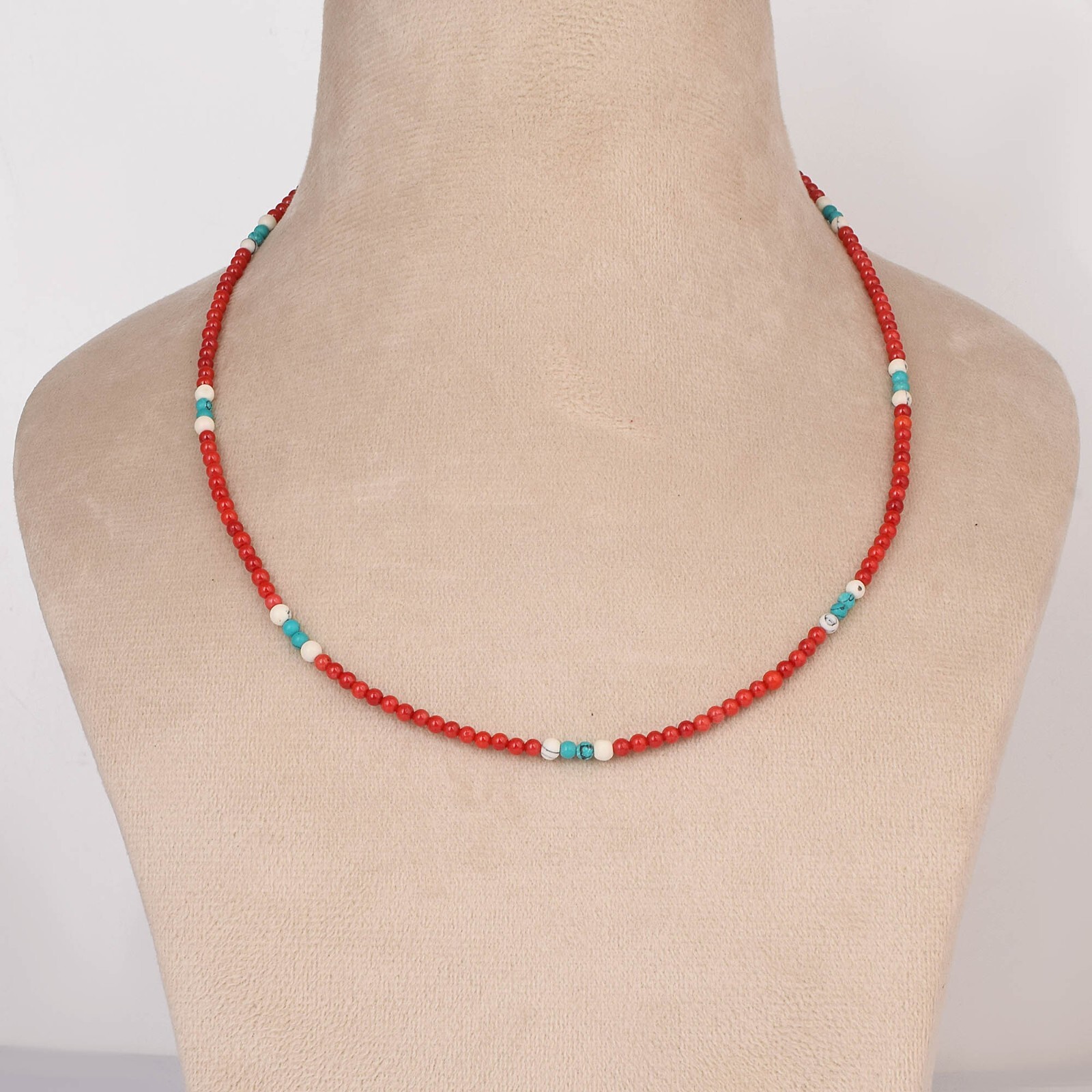 Natural 4mm Blue Turquoise & Red Coral 18″ Gemstone Beaded Ladies Necklace