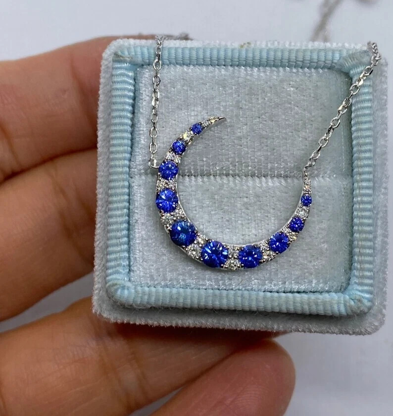 1.40Ct Round Simulated Sapphire Crescent Moon Pendant 14K White Gold Plated