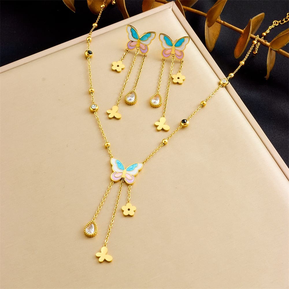 316L Stainless Steel Enamel Butterfly Tassel Jewelry Set for Women