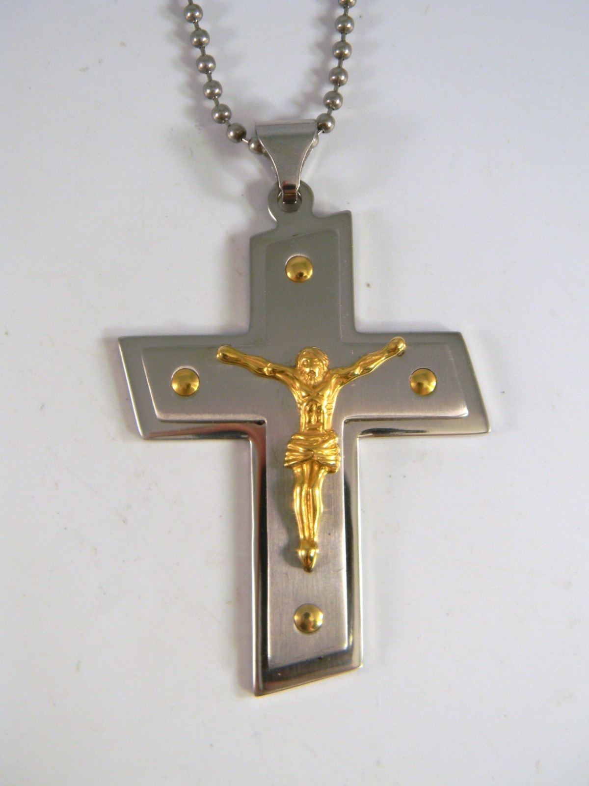 Large Stainless-Steel Cross Crucifix Pendant Necklace with Gold Tones