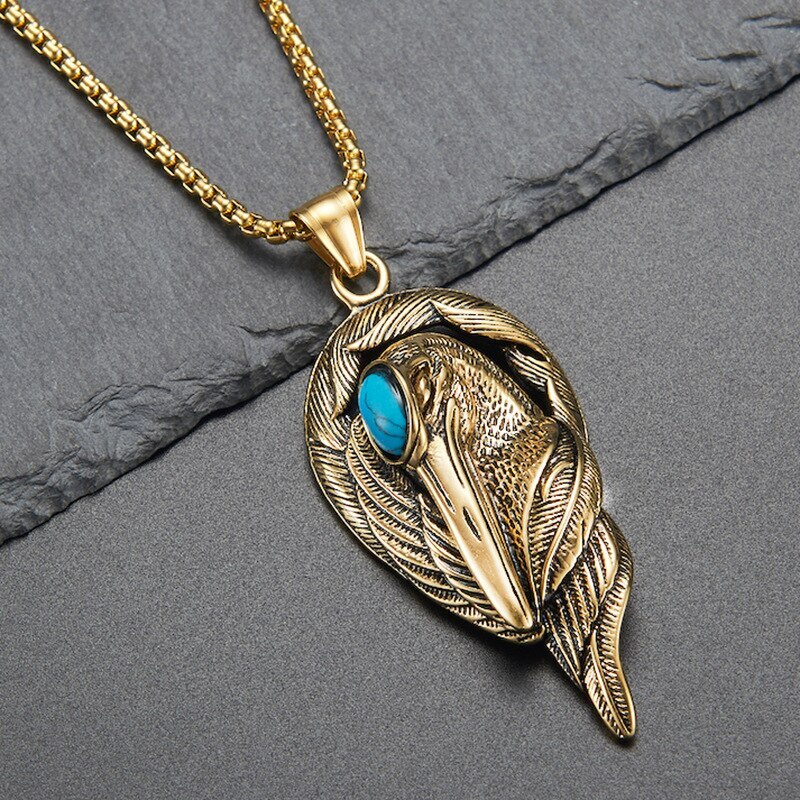 Turquoise Creative Stainless Steel Punk Crane Red Crowned Crane Pendant Necklace