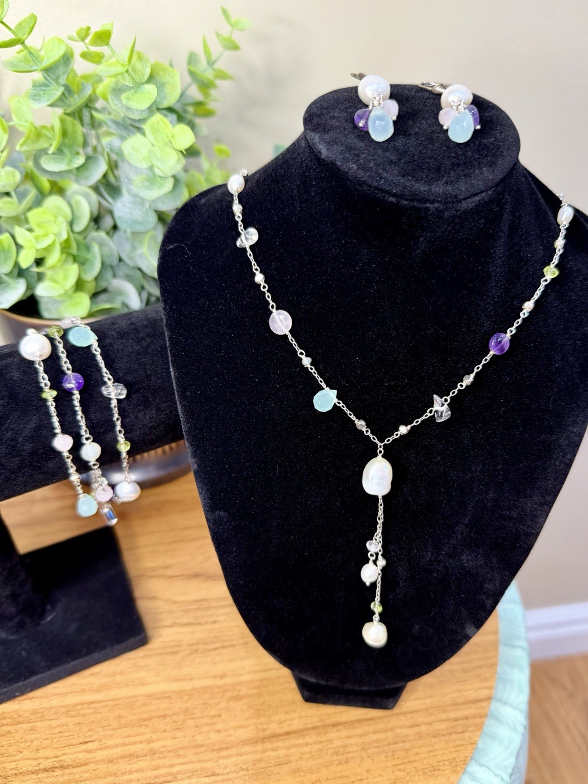 Lia Sophia Pearl Beaded Jewelry Set Necklace Bracelet Earrings Silver Tone