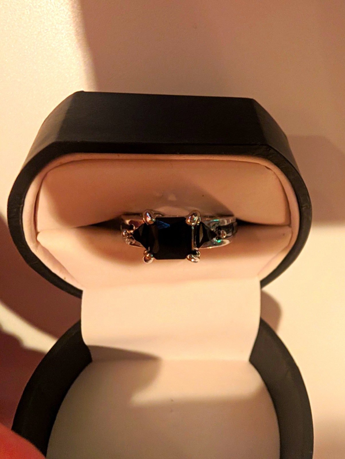 Silver Tone 3-Stone Black Square Cocktail Ring Prong Set Size 6