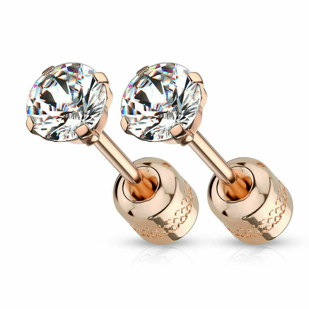 Rose Gold Prong Set CZ Stud Earrings Gem Centered Screw Back Surgical Steel