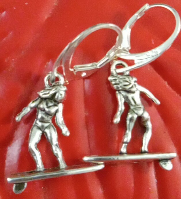 925 Sterling Silver Filled Surfer Bikini Girl Surf Board Charm Lever Earrings