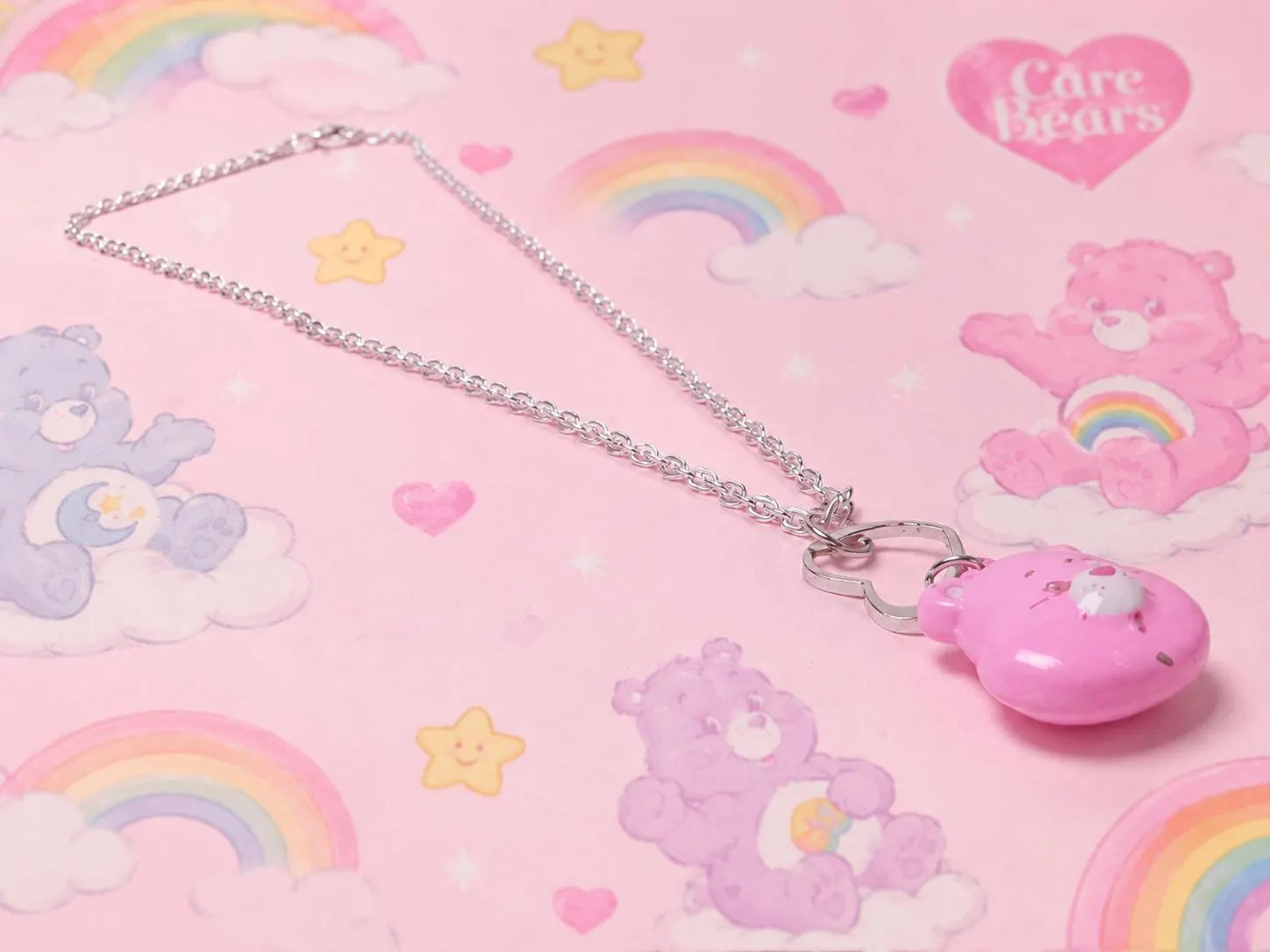 Cheer Bear Care Bear Pink Teddy Bear Necklace With Heart Design
