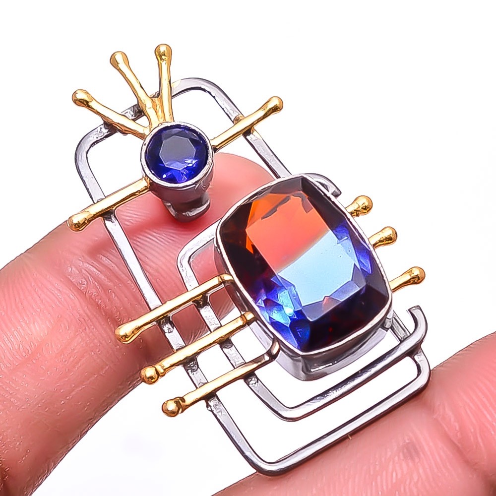 Bi-Colour Tourmaline Black And Gold Plated 925 Silver Pendant 1.56″ P51840041