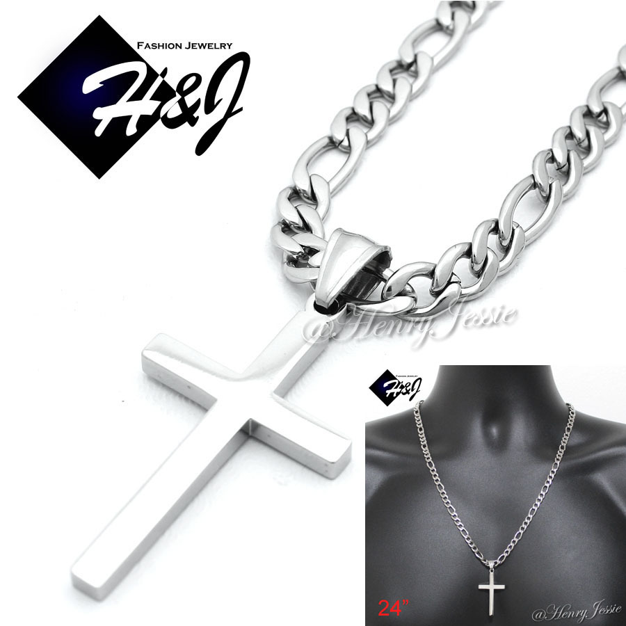 24″MEN Stainless Steel 5mm Silver Figaro Link Chain Necklace Cross Pendant*P29
