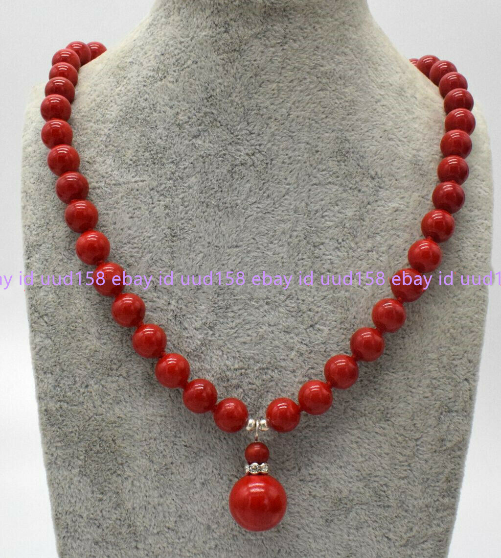 Natural 10mm South Sea Red Coral Round Gemstone Beads Pendant Necklace 18” AAA