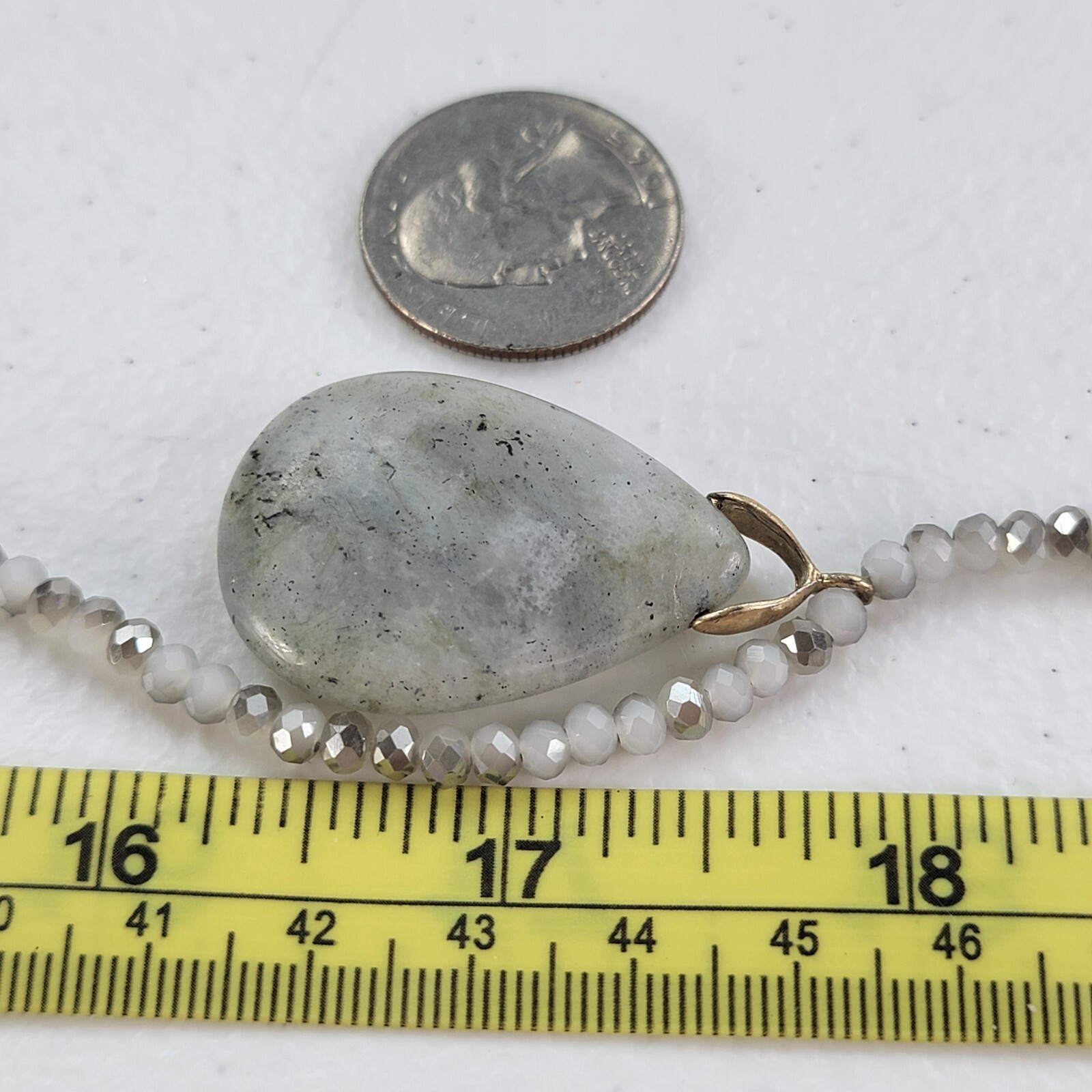 Gray Stone Teardrop Pendant Shiny Rondelle Glass Beaded Necklace 35 in