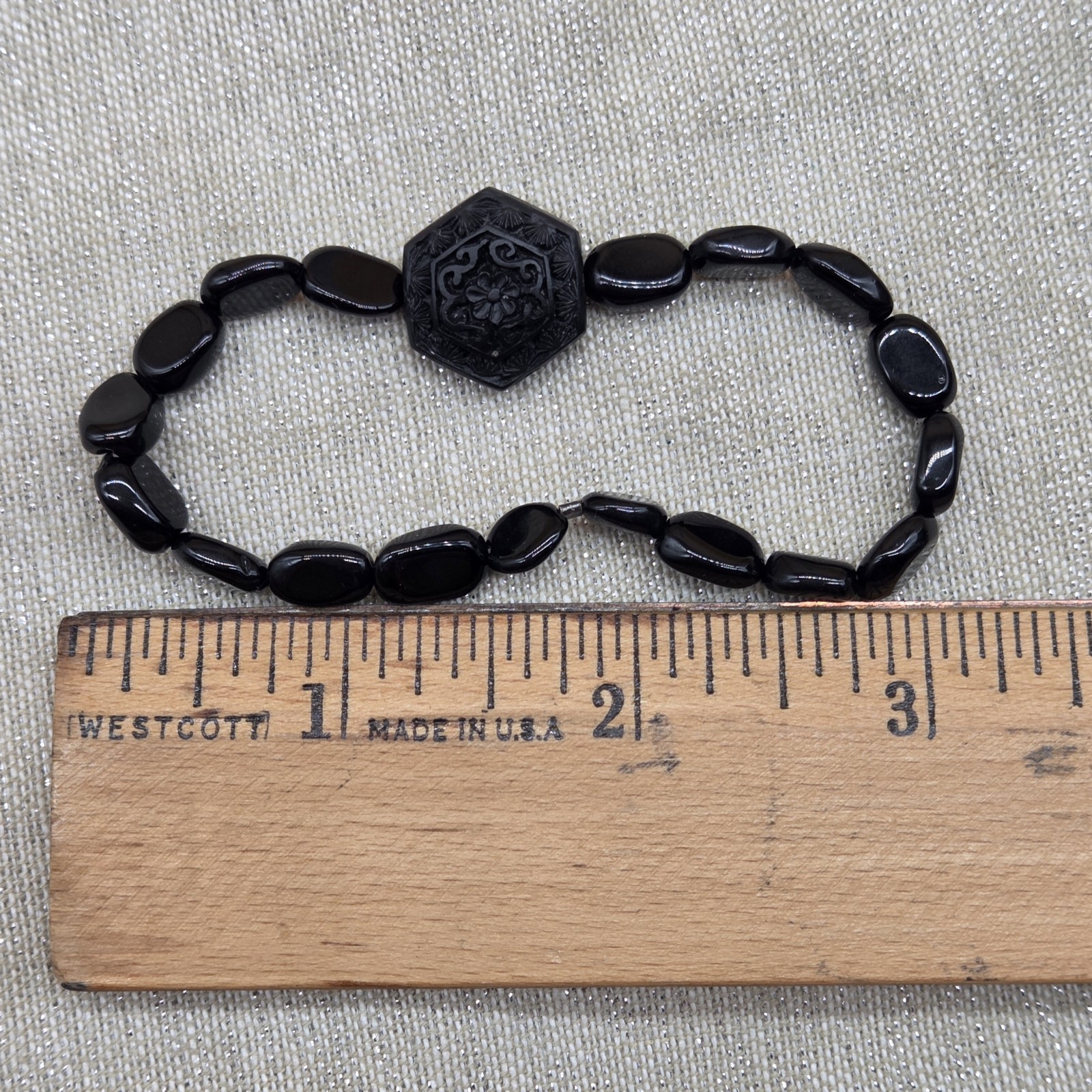 Black Carved Bead Stretch Elastic Beaded Bracelet