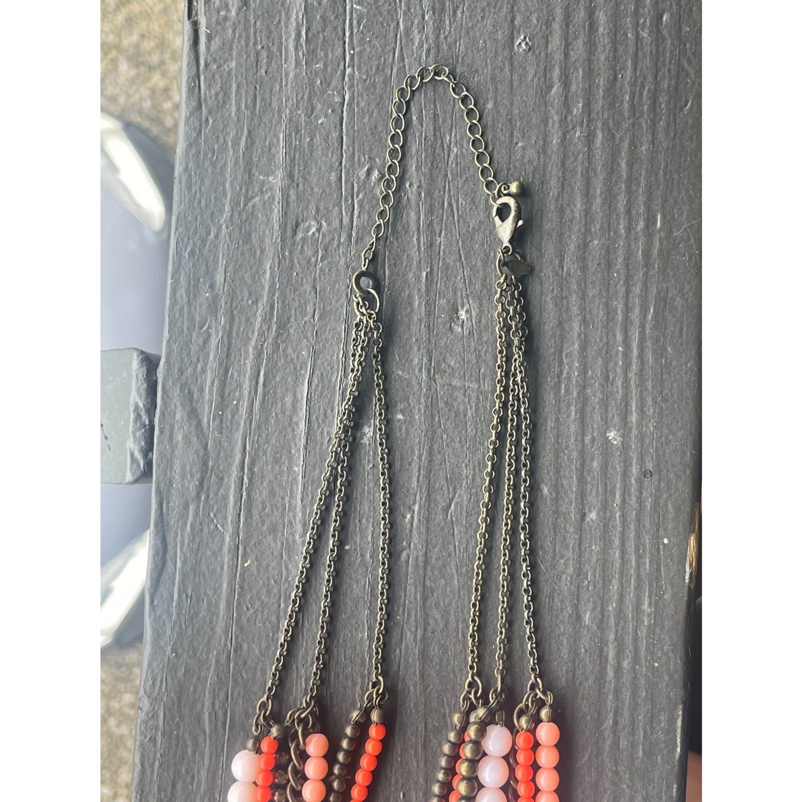 Multi Strand Beaded Necklace Coral Peach Cream Bronze Tone Statement 19″