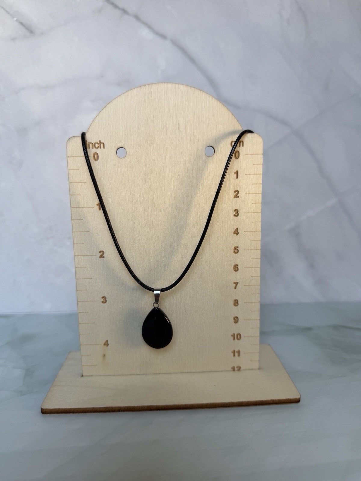 Black Onyx Teardrop Pendant Necklace 19in Braided Cord Silver Bail Crystal New