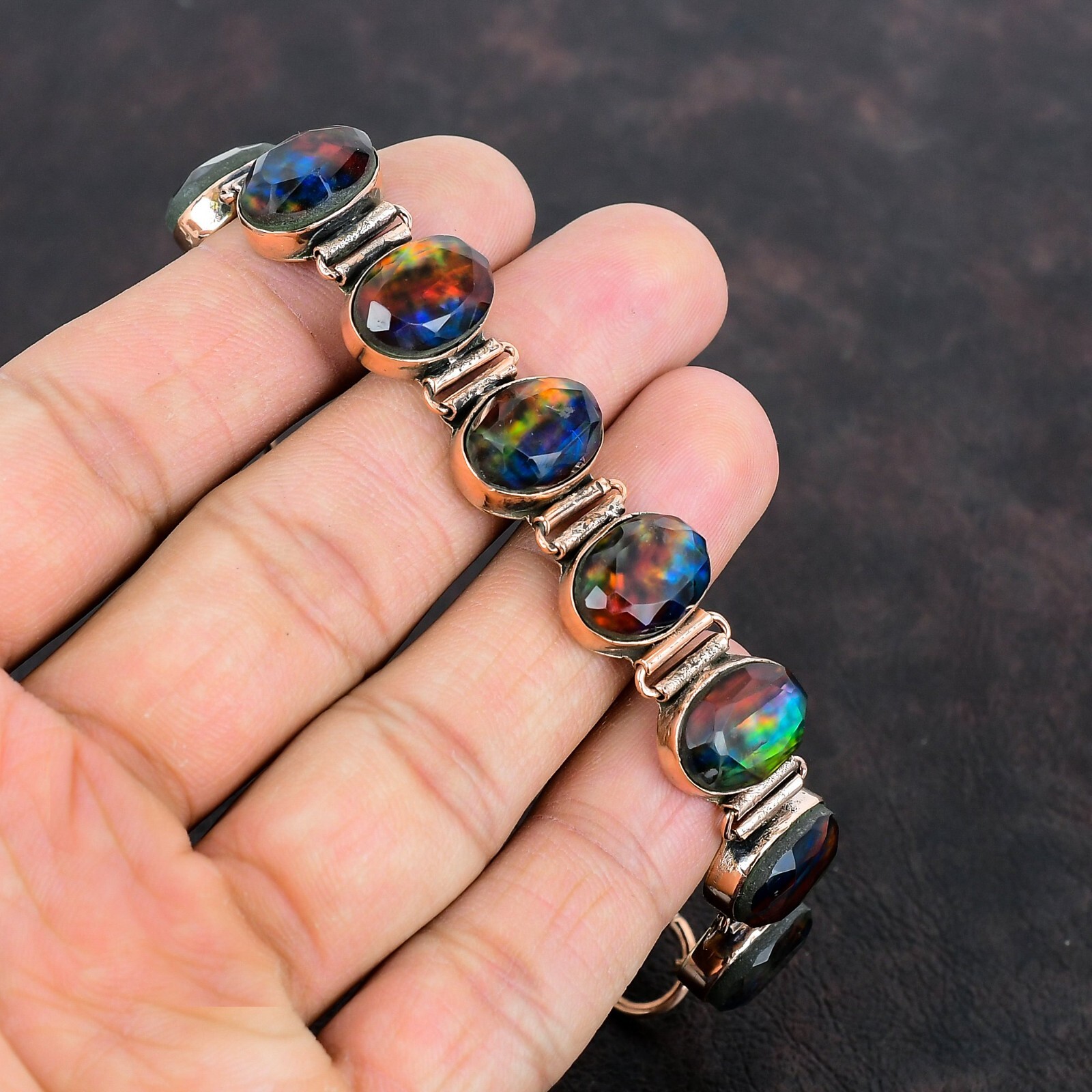 Ammolite Gemstone Jewelry Copper Gift For Mother Adjustable Bracelet 6.0″
