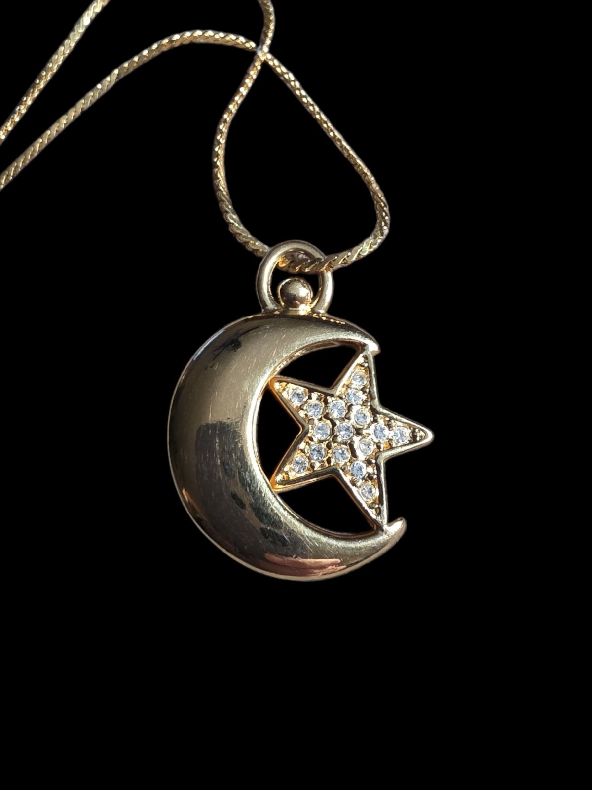 Goldtone Rhinstone Moon & Star Necklace 28 In