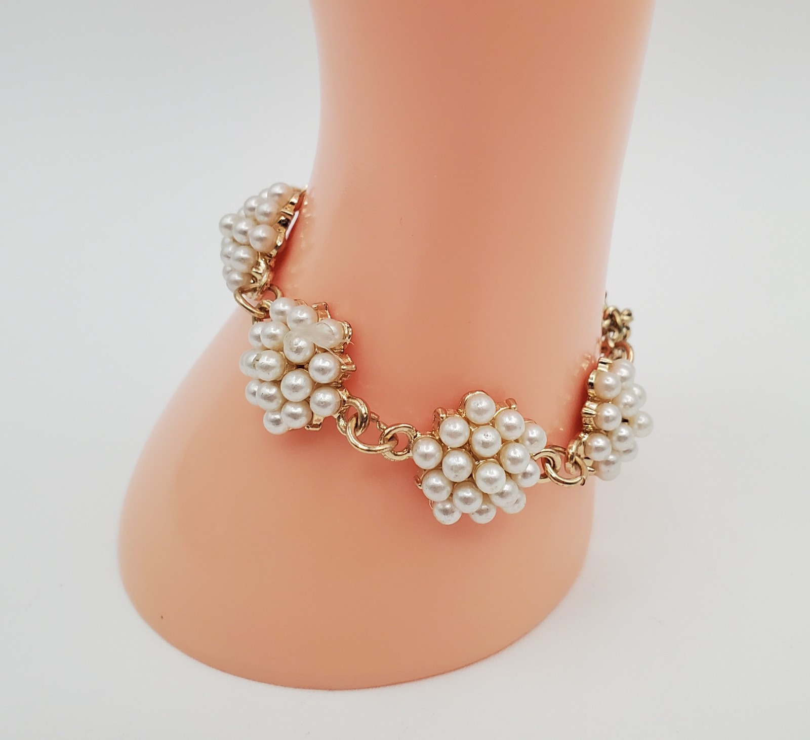 Cluster Faux Pearl Adjustable Bracelet or Anklet 6in to 10in Gold Tone Large