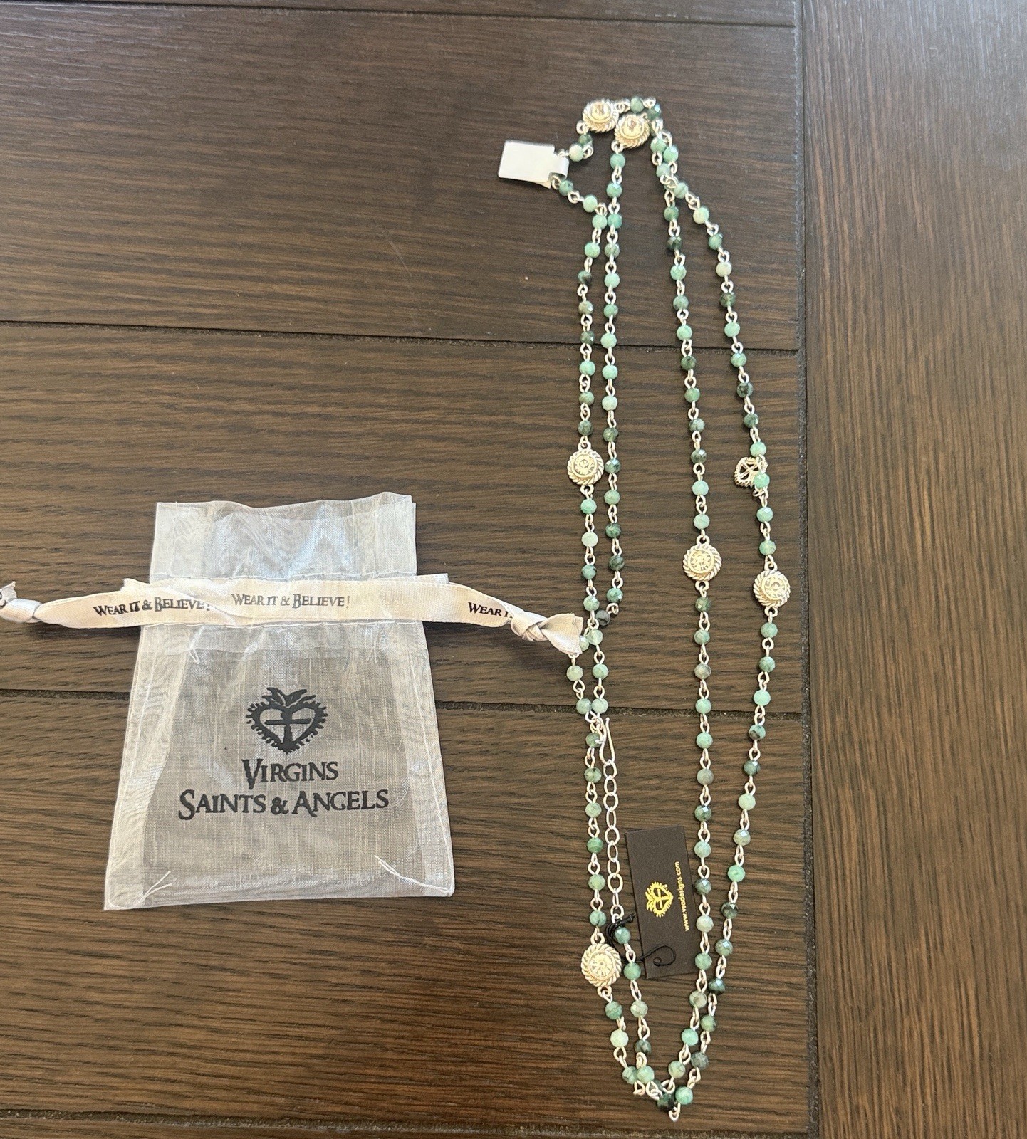 Virgins Saints & Angels 4mm Precious Emerald Wrap Silver Necklace NWT
