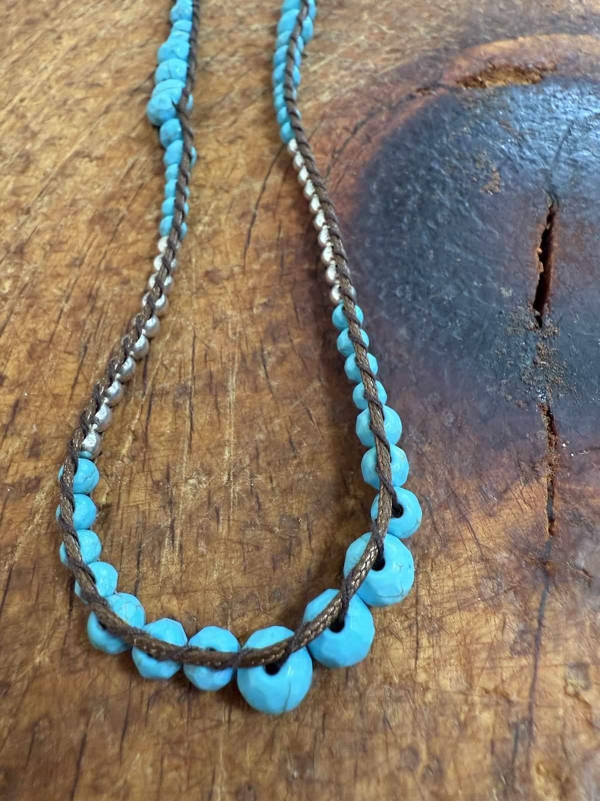 Blue Turquoise Round Beaded Rope Necklace Adjustable No Clasp Bohemian Theme