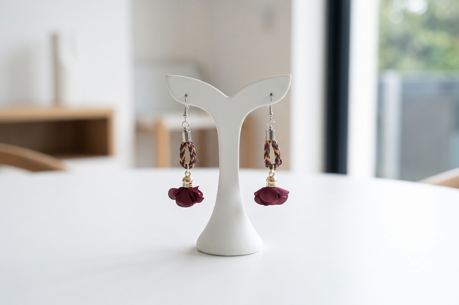 Boho Burgundy Flower Tassel Dangle Earrings – Braided Rope, Gold Tone, Lightweig