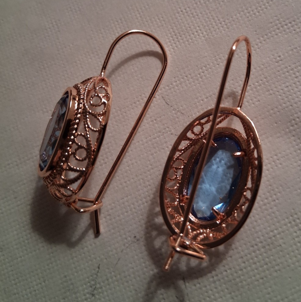 Rose Gold Plated Metal Hook Dangle Drop Earrings Oval Blue Crystal Bezel Lobe