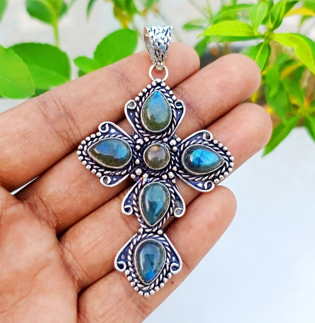Labradorite Cross Pendant 925 Sterling Silver Handmade Gemstone Jewelry 2.85″