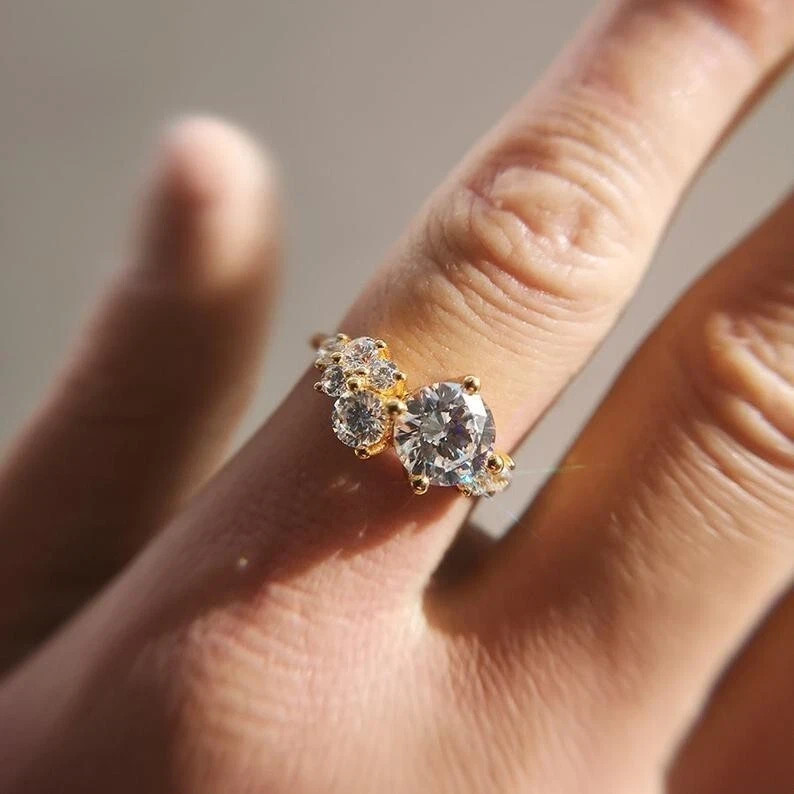 Unique 2.50CT Round Cut Real Moissanite Engagement Ring 14K Yellow Gold Plated