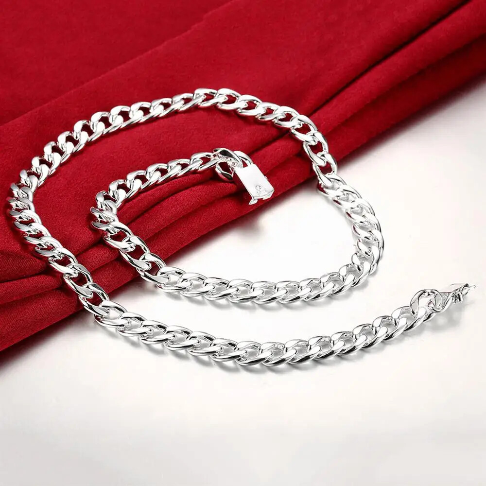 925 sterling Silver Bracelets necklace Jewelry set 10MM Square Chain 20-24 inch