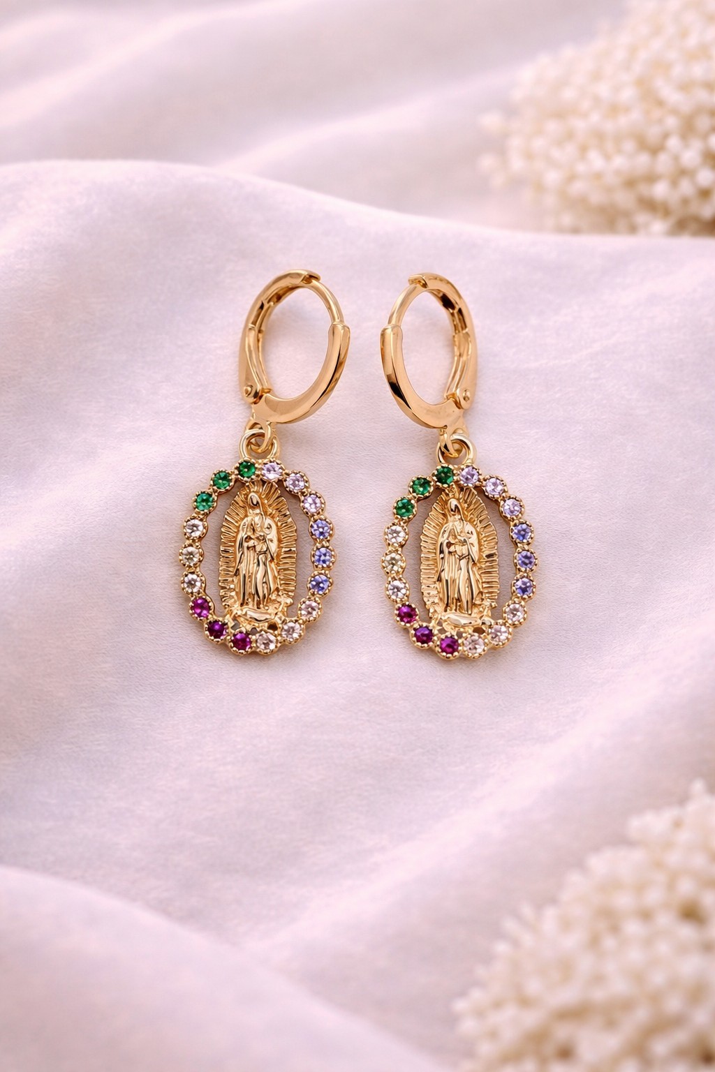 18K Gold Plated Virgin Mary Necklace & Earrings Set – Multi Color CZ