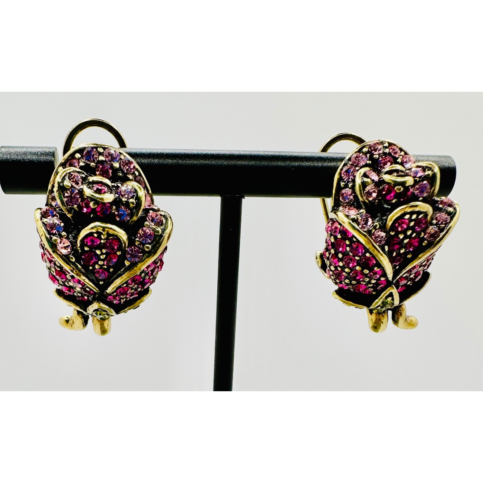 Heidi Daus Rose Bud Crystal Omega Back Earrings Pink Fuchsia Bronzetone Floral