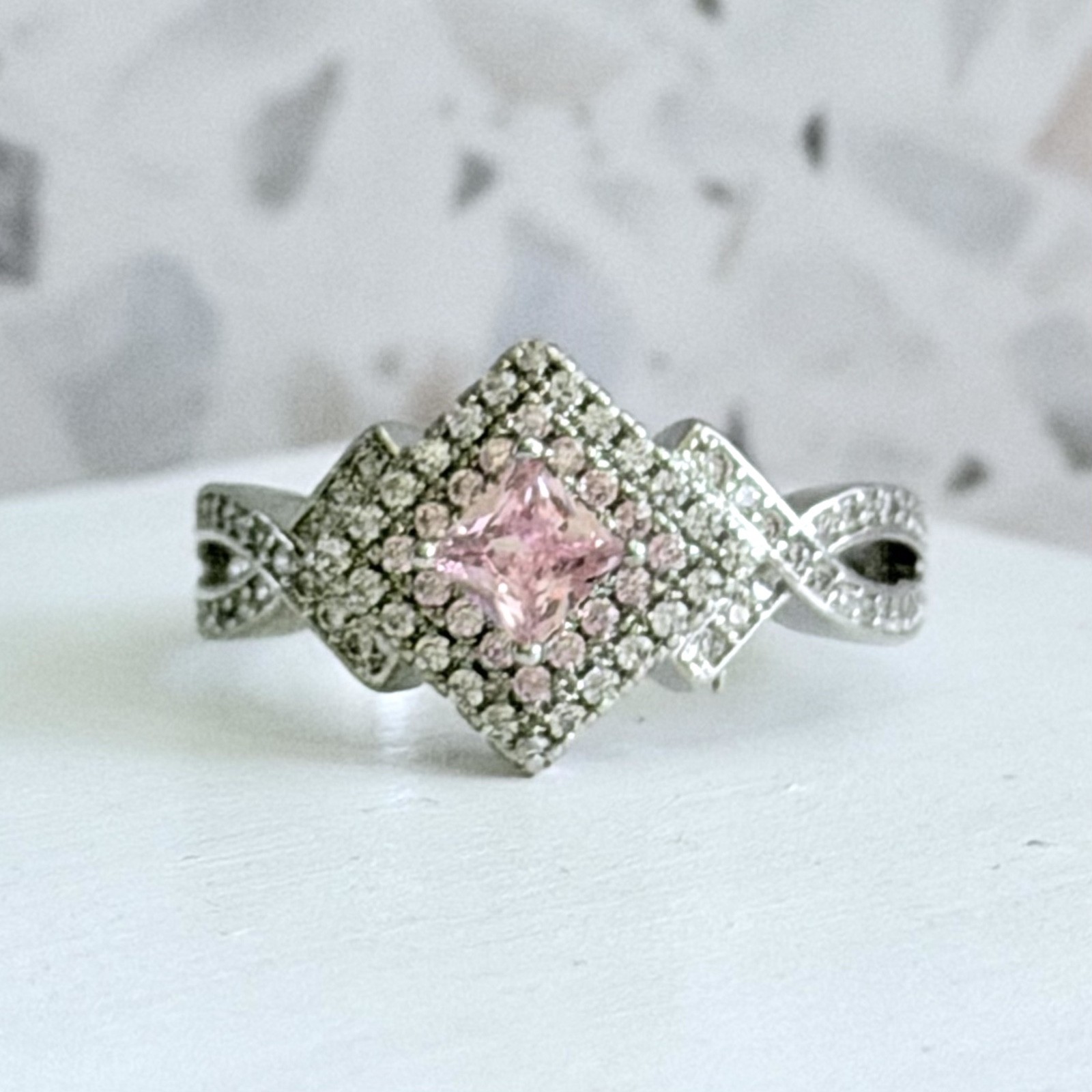 14k Gold & 925 Sterling White & Pink Simulated Sapphire Halo Women’s Ring