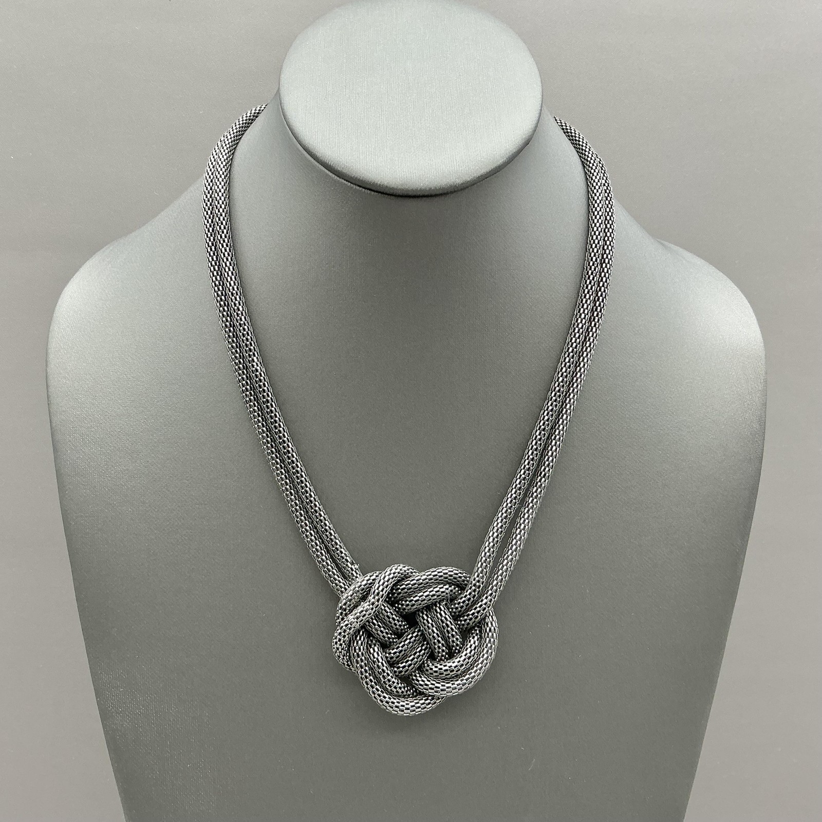 Necklace Silver Tone Strand Knot Pendant Mesh Chain Womens Statement Jewelry