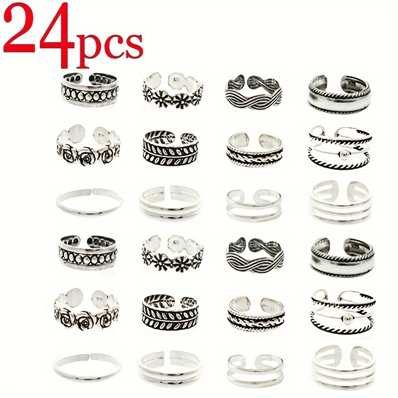 24Pcs Adjustable Toe Ring Set for Women, Vintage Silver Open Cuff Foot Jewelry