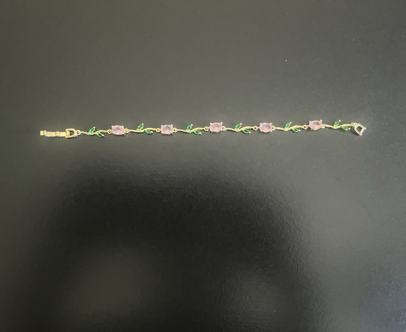 Gold Tone Chain Bracelet Lobster Closure 5 Pink Oval Stones Green Accents