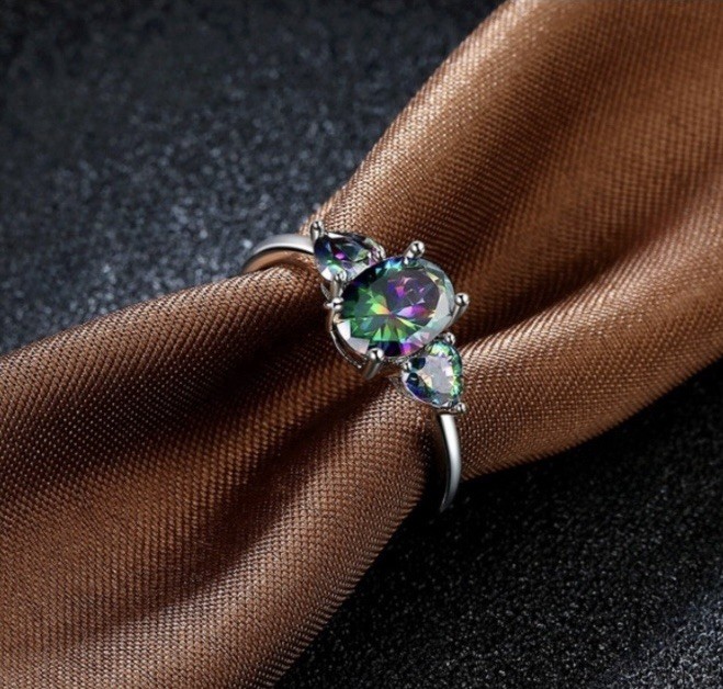 Exquisite Rainbow Mystic Topaz with Two Rainbow Mystic Topaz Hearts Ring Size 10