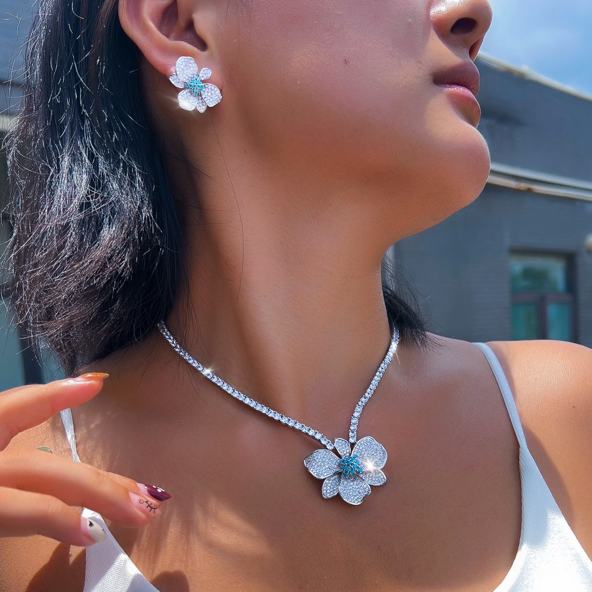 Silver Plated Big Flower Choker Necklace Earrings Bride CZ Turquoise Jewelry Set