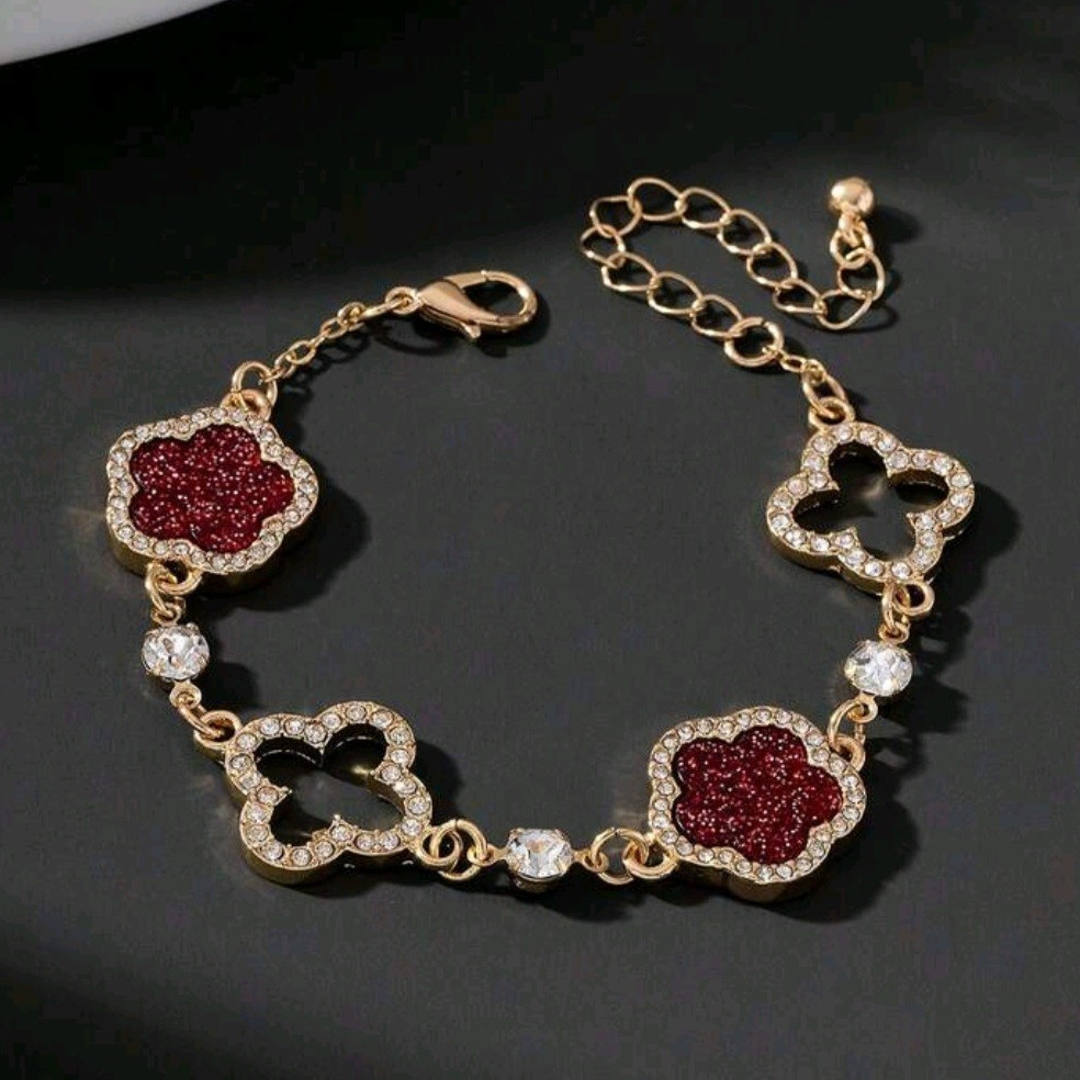 Gold-Tone Adjustable Cable Chain Red/Clear Clover Charm Bracelet 16cm+5cm