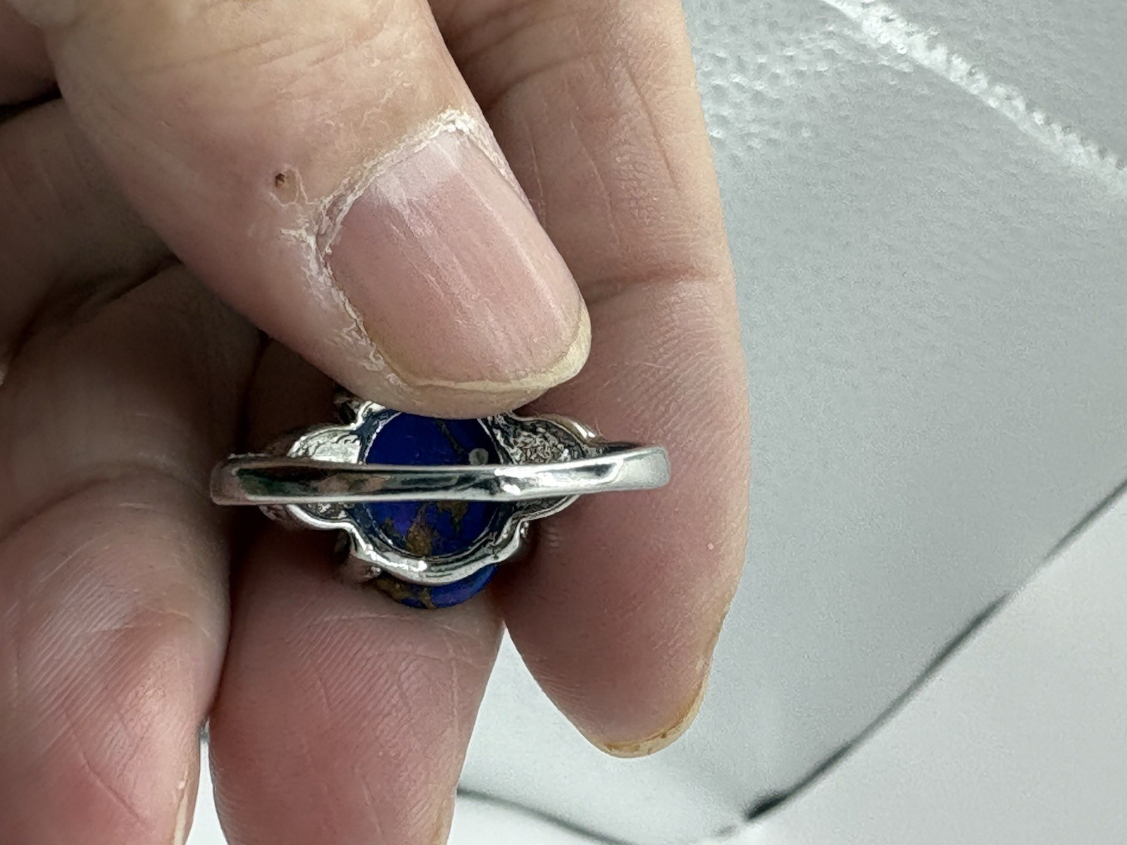 Silver Tone Size 9 Blue & Brown Marbled Cabochon Ring