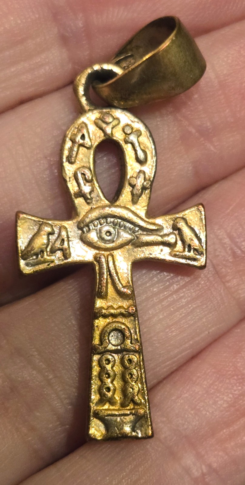 Egyptian Mythology Key Eye Of Horus Ra Cross 1-3/4″ x 3/4″ Gold Tone Pendant GC