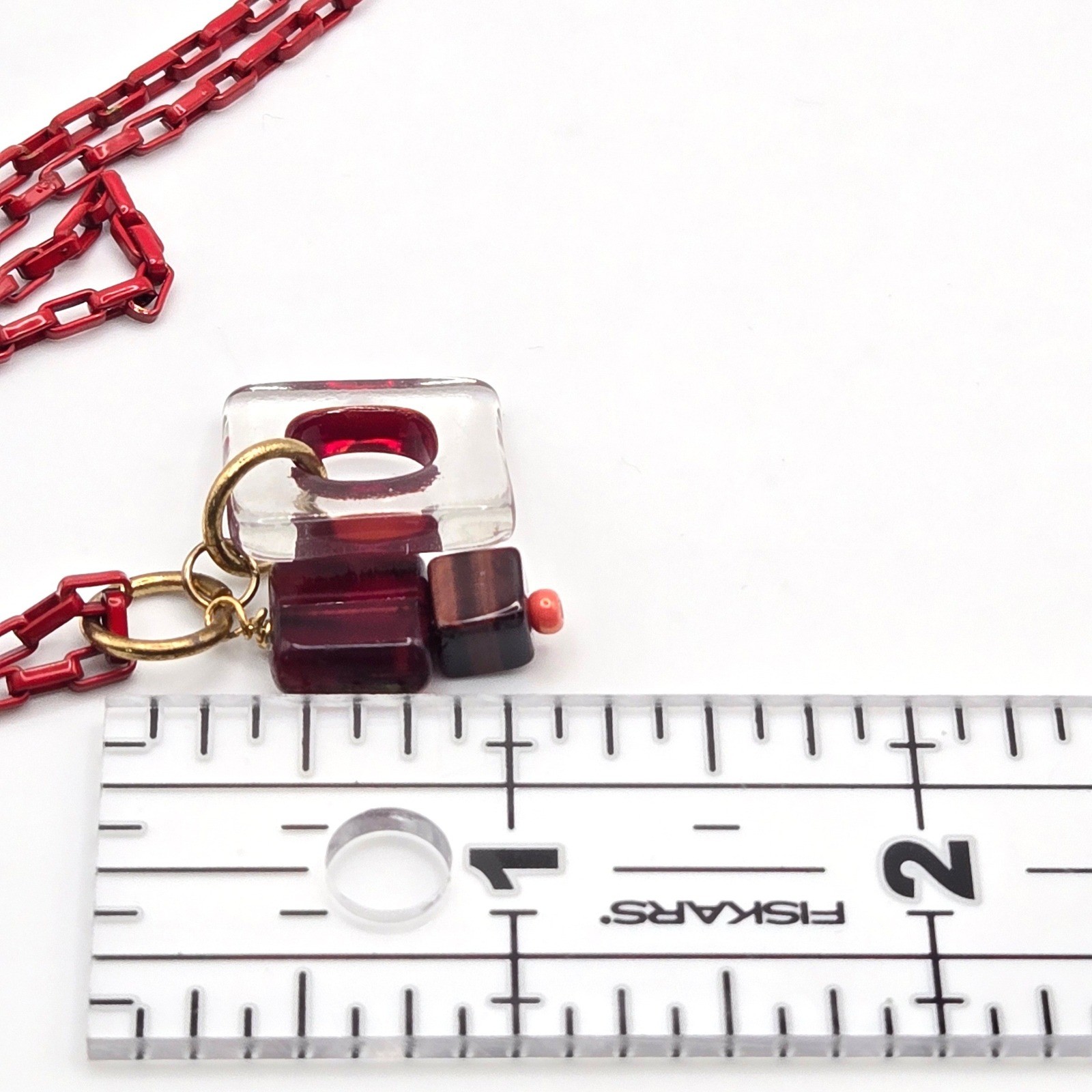 Red Enamel Box Chain Necklace Geometric Glass Stone Square Pendants Adjustable
